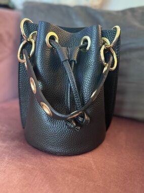 Black Leather Bucket Bag with Gold Hardware